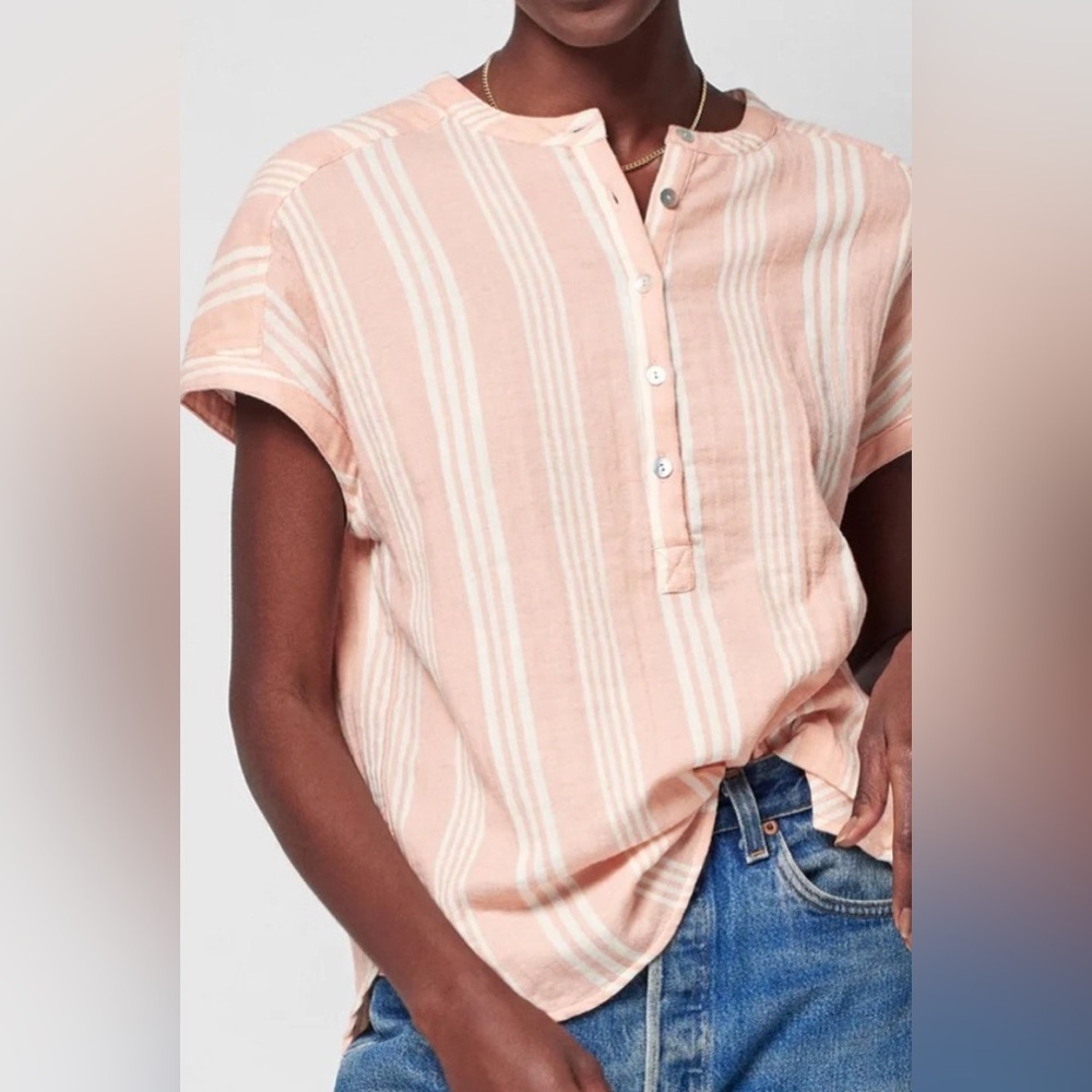 Faherty Organic Cotton Desmond Top Gauze Henley Sepia Neutral Stripe Coastal